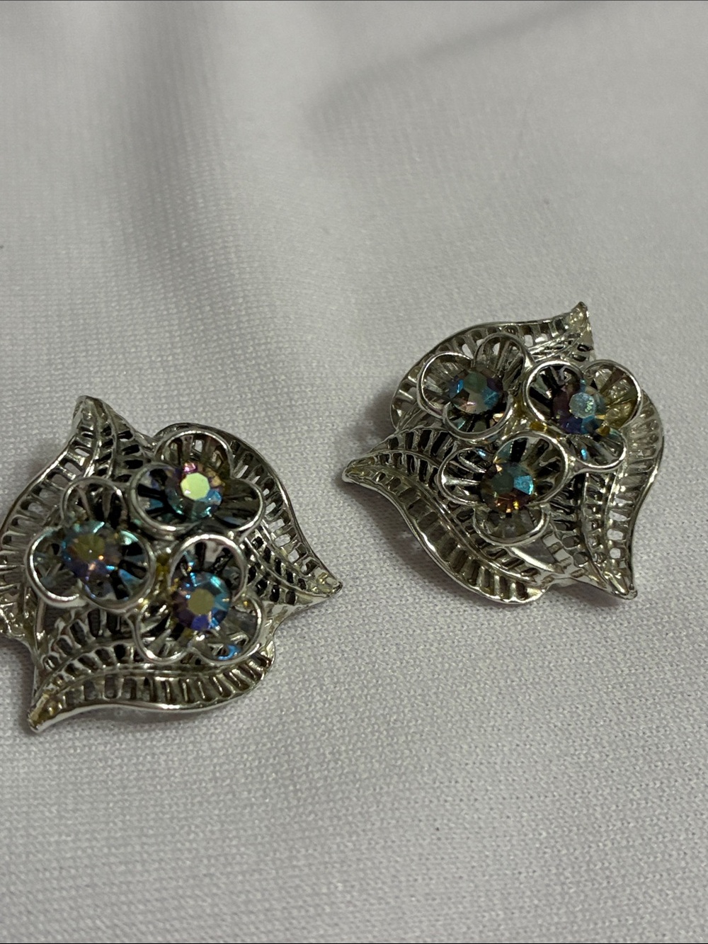 Vintage Aurora Crystal Flower Silver-Tone Clip Earrings